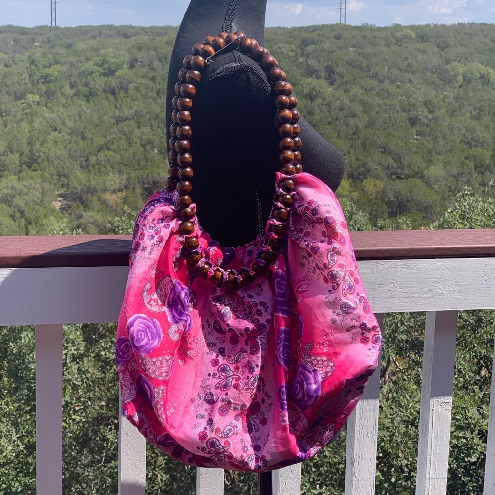 Bohemian Pink Purple Purse Beaded‎ Wooden Handle